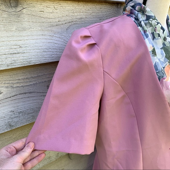 True Vintage 60s Mauve Floral Collared Short Puff Sleeve Button Down Suit Blouse - Picture 6 of 16